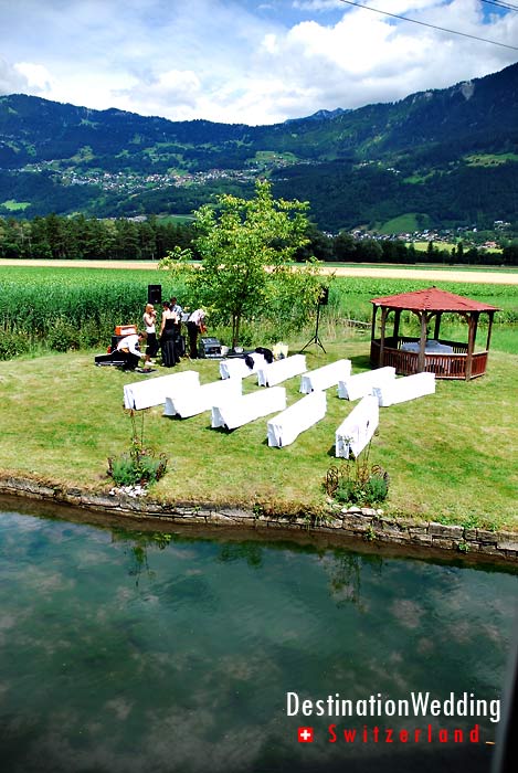 A wedding setting on the meadow just outside the restaurant