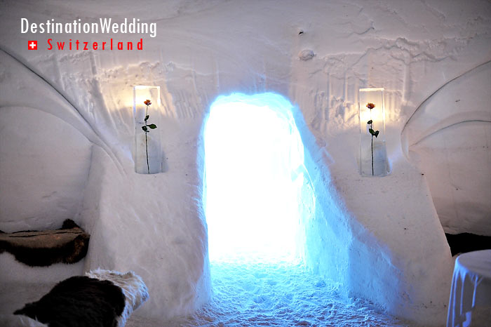 The entrance of the church igloo. Note the ice seats and the fur for warmth